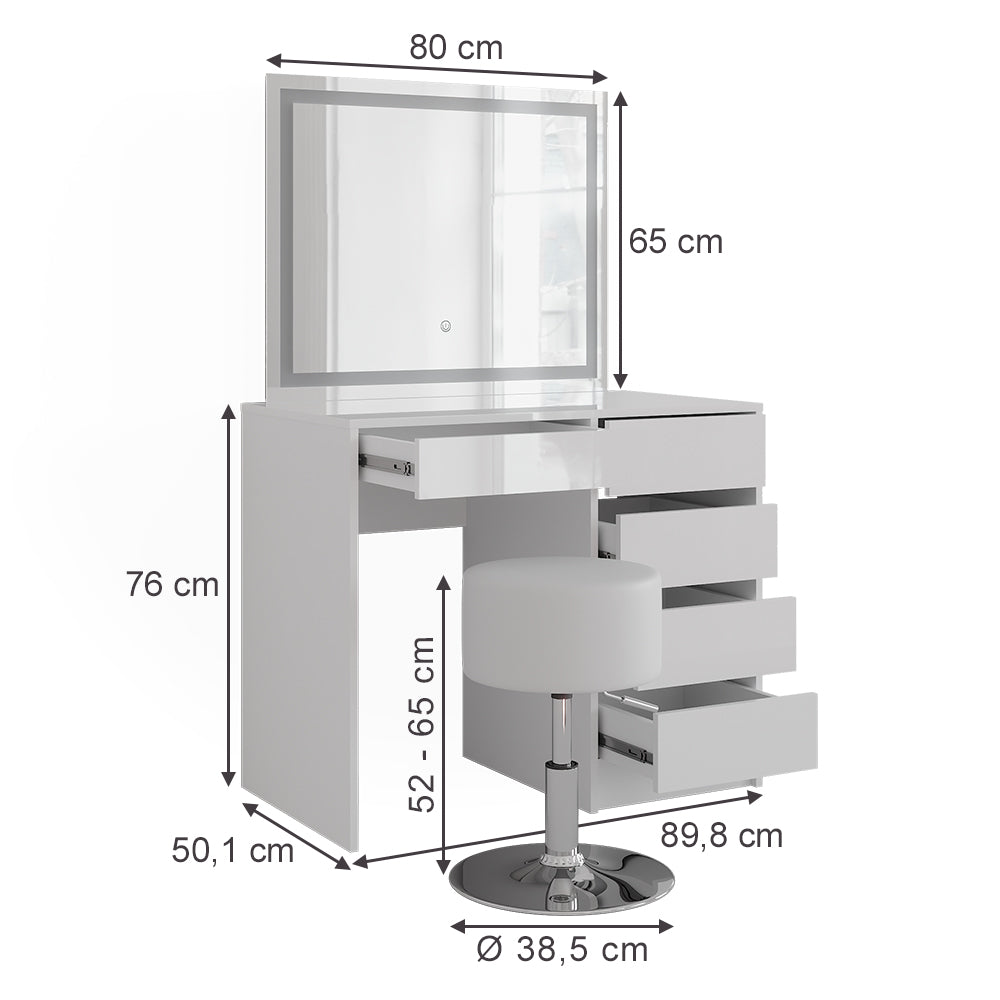 Vicco Tavolo da toeletta Bianco/bianco lucido 89.8 cm con specchio LED e sgabello