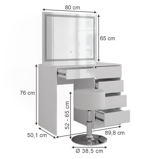 Vicco Tavolo da toeletta Bianco/bianco lucido 89.8 cm con specchio LED e sgabello