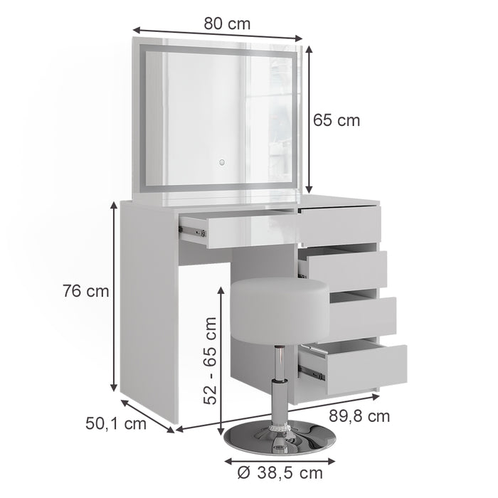 Vicco Tavolo da toeletta Bianco/bianco lucido 89.8 cm con specchio LED e sgabello
