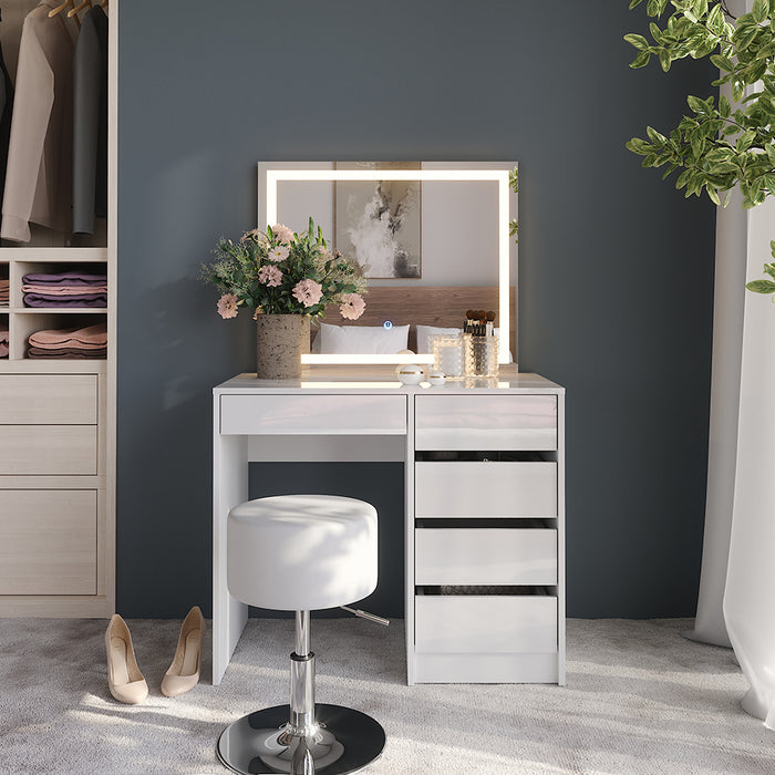 Vicco Tavolo da toeletta Bianco/bianco lucido 89.8 cm con specchio LED e sgabello