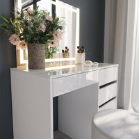 Vicco Tavolo da toeletta Bianco/bianco lucido 89.8 cm con specchio LED e sgabello