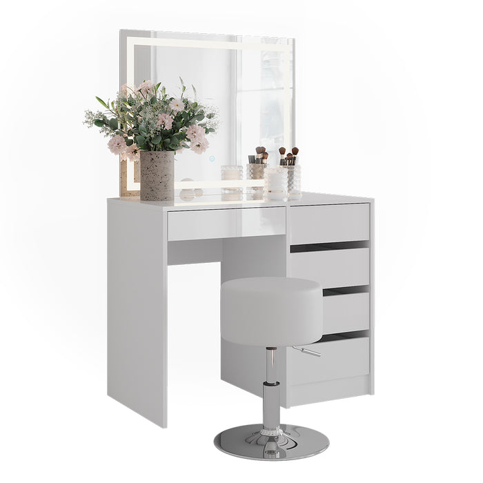 Vicco Tavolo da toeletta Bianco/bianco lucido 89.8 cm con specchio LED e sgabello