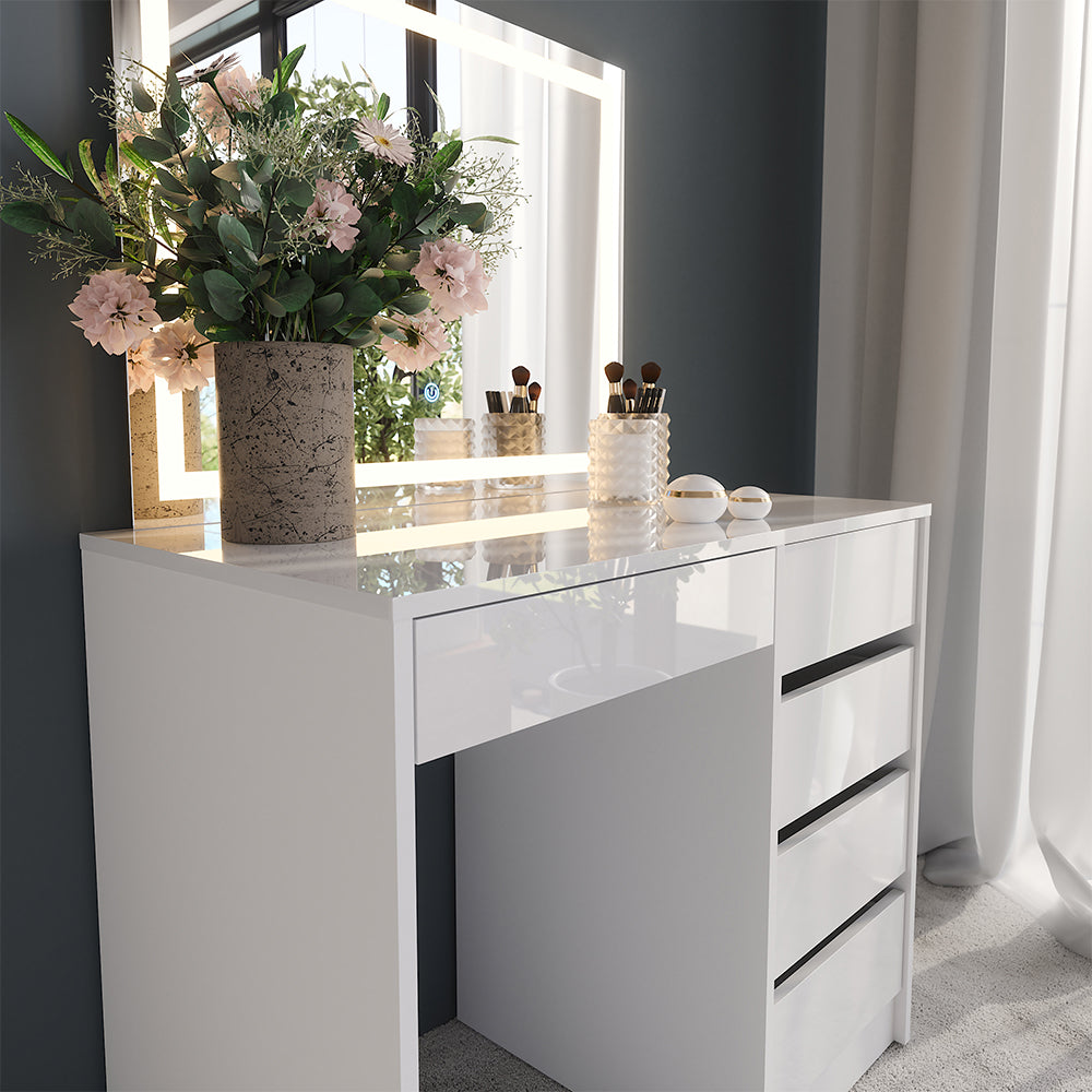 Vicco Tavolo da toeletta Bianco/bianco lucido 89.8 cm con specchio LED