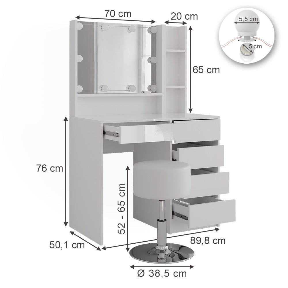 Vicco Tavolo da toeletta Bianco/bianco lucido 89.8 cm 4 parti