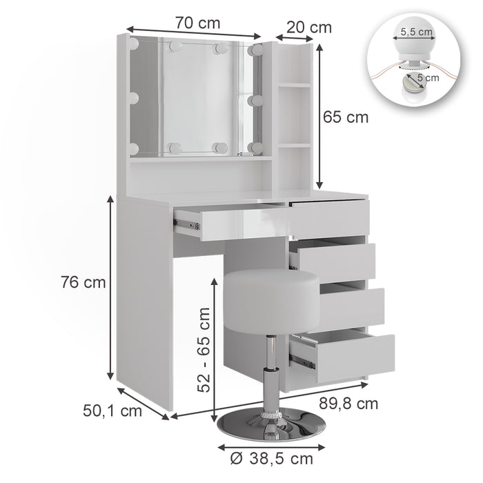 Vicco Tavolo da toeletta Bianco/bianco lucido 89.8 cm 4 parti