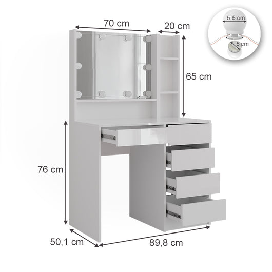 Vicco Tavolo da toeletta Bianco lucido 89.8 cm 7 parti