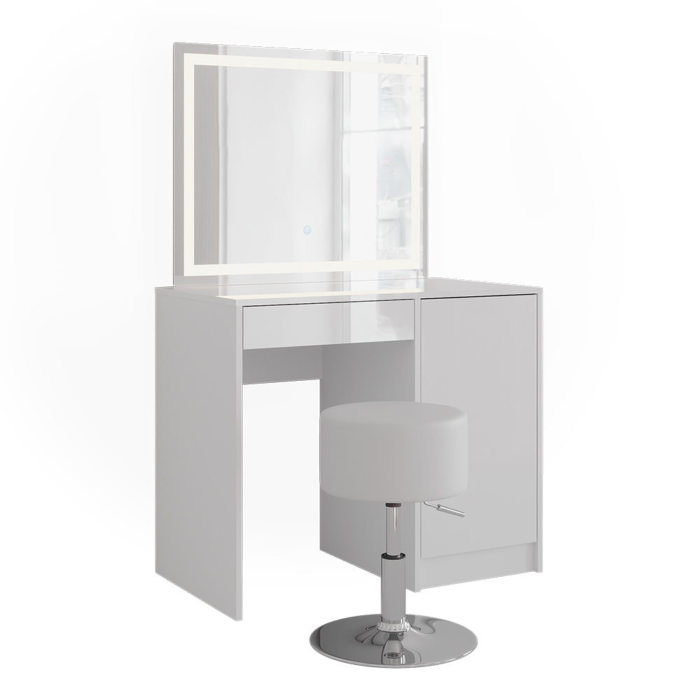 Vicco Tavolo da toeletta Bianco/bianco lucido 89.8 cm con specchio LED e sgabello