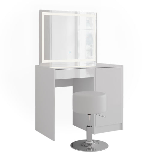 Vicco Tavolo da toeletta Bianco/bianco lucido 89.8 cm con specchio LED e sgabello