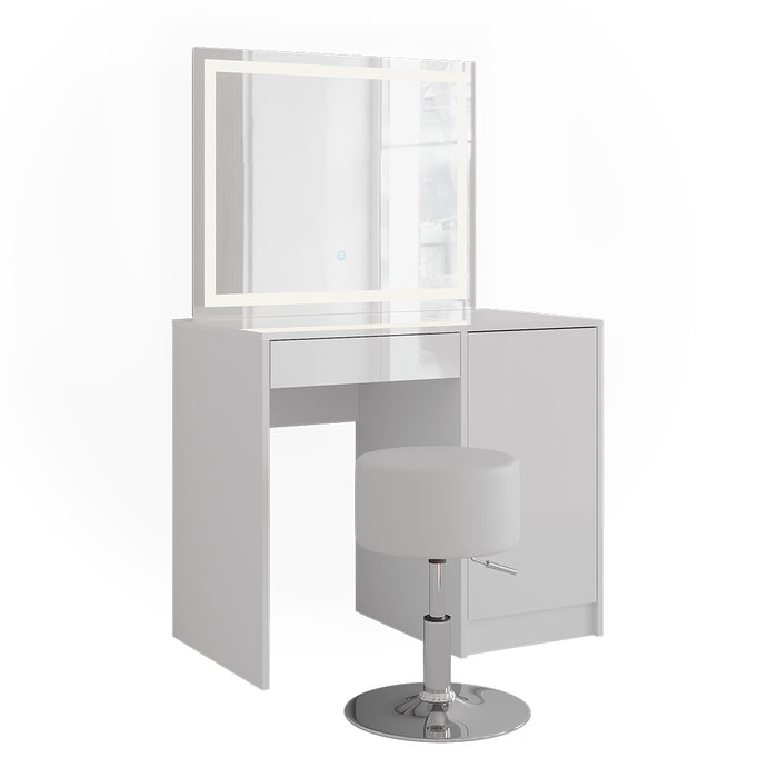 Vicco Tavolo da toeletta Bianco/bianco lucido 89.8 cm con specchio LED e sgabello