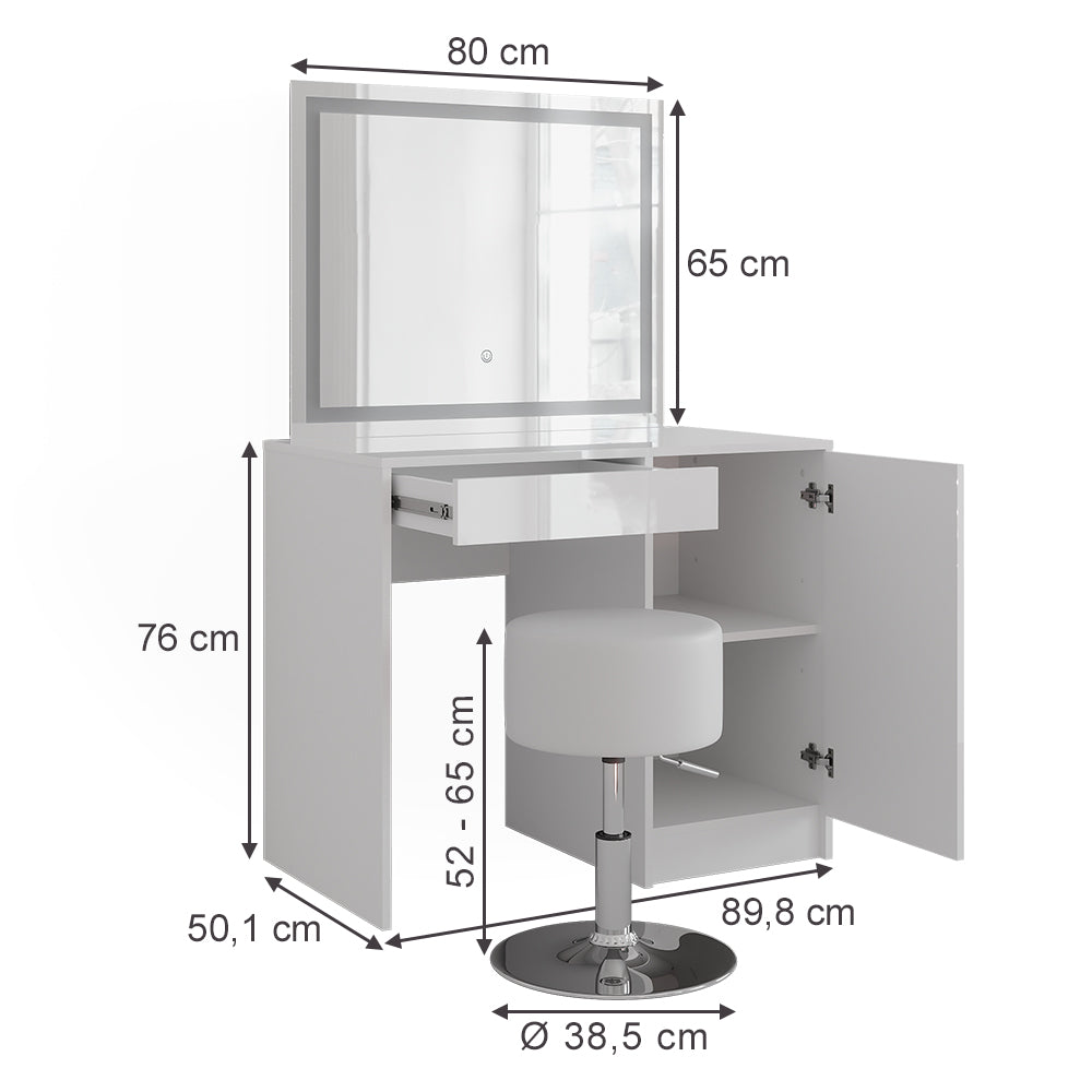 Vicco Tavolo da toeletta Bianco/bianco lucido 89.8 cm con specchio LED e sgabello