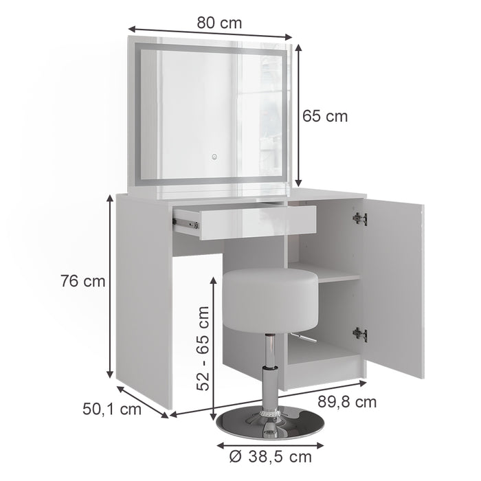 Vicco Tavolo da toeletta Bianco/bianco lucido 89.8 cm con specchio LED e sgabello