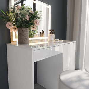 Vicco Tavolo da toeletta Bianco/bianco lucido 89.8 cm con specchio LED e sgabello
