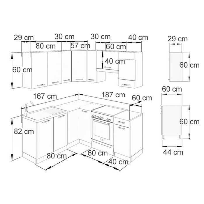 Vicco Cucina angolare completa Antracite lucido/bianco 190 x 60 cm , PL Marmo