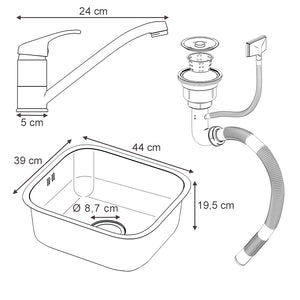 Vicco Lavello Acciaio 39 x 44 cm Set con rubinetto, ingresso e uscita