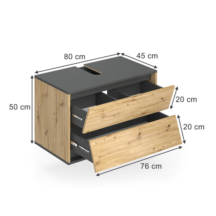 Vicco Mobile sottolavabo per bagno Antracite/Artisan 80 x 50 cm con 2 cassetti
