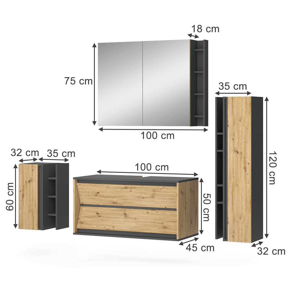Vicco Set di mobili da bagno Antracite/Artisan 4 parti
