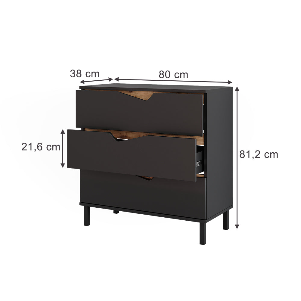 Vicco Cassettiera per camera da letto Antracite/Artisan 80 x 81.2 cm con 3 cassetti