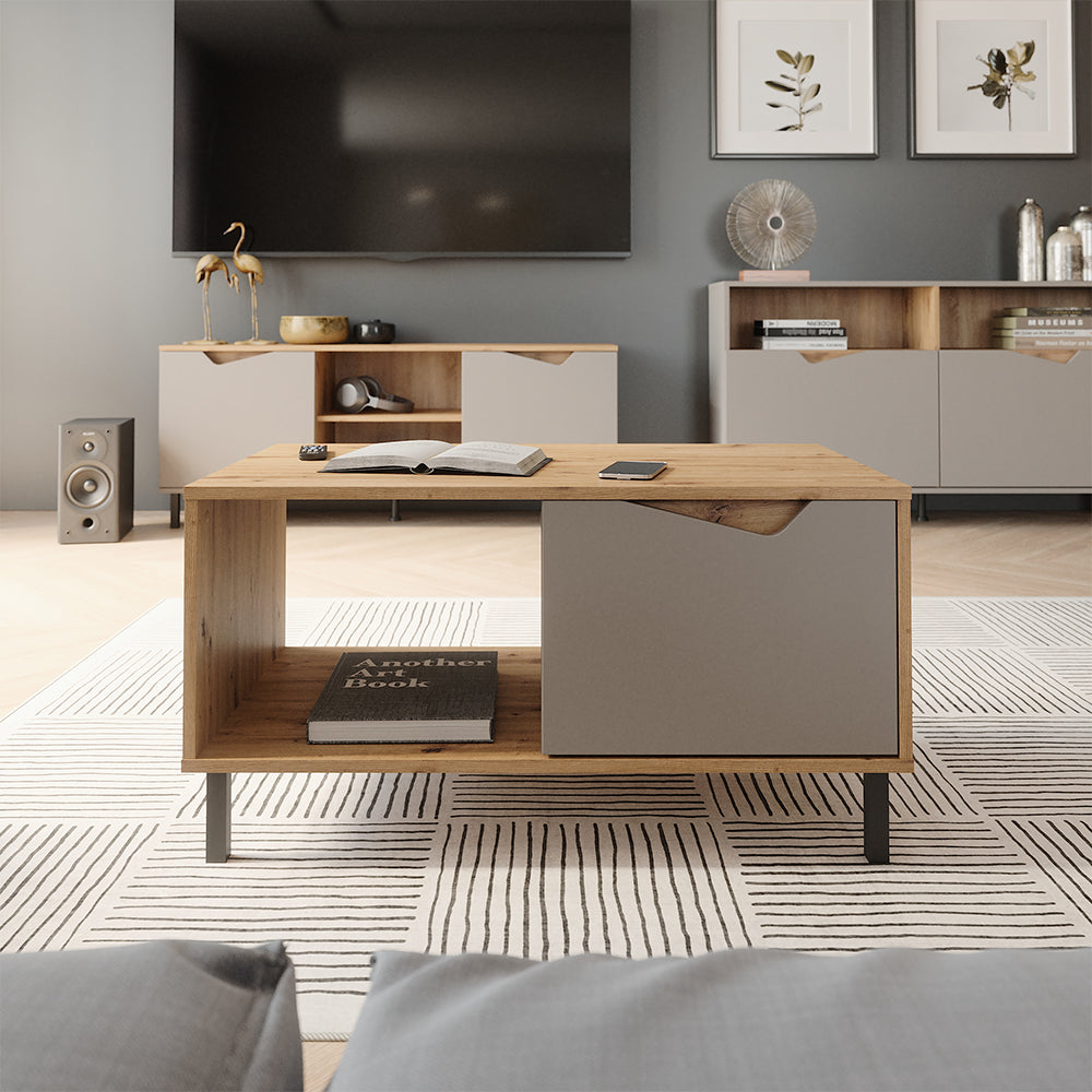 Vicco Tavolino da salotto Greige/rovere artigianale 90 x 50 cm con 1 porta