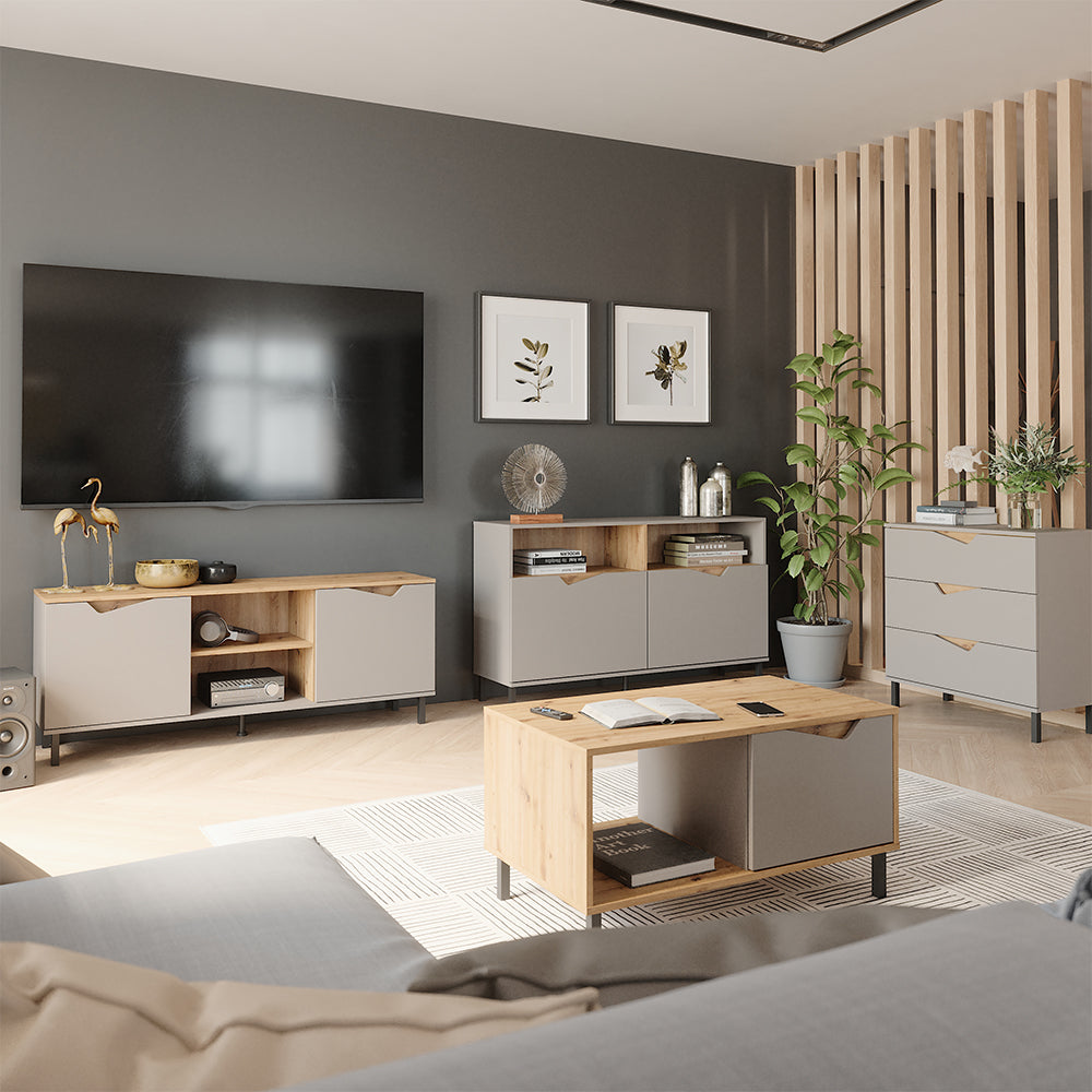 Vicco Tavolino da salotto Greige/rovere artigianale 90 x 50 cm con 1 porta