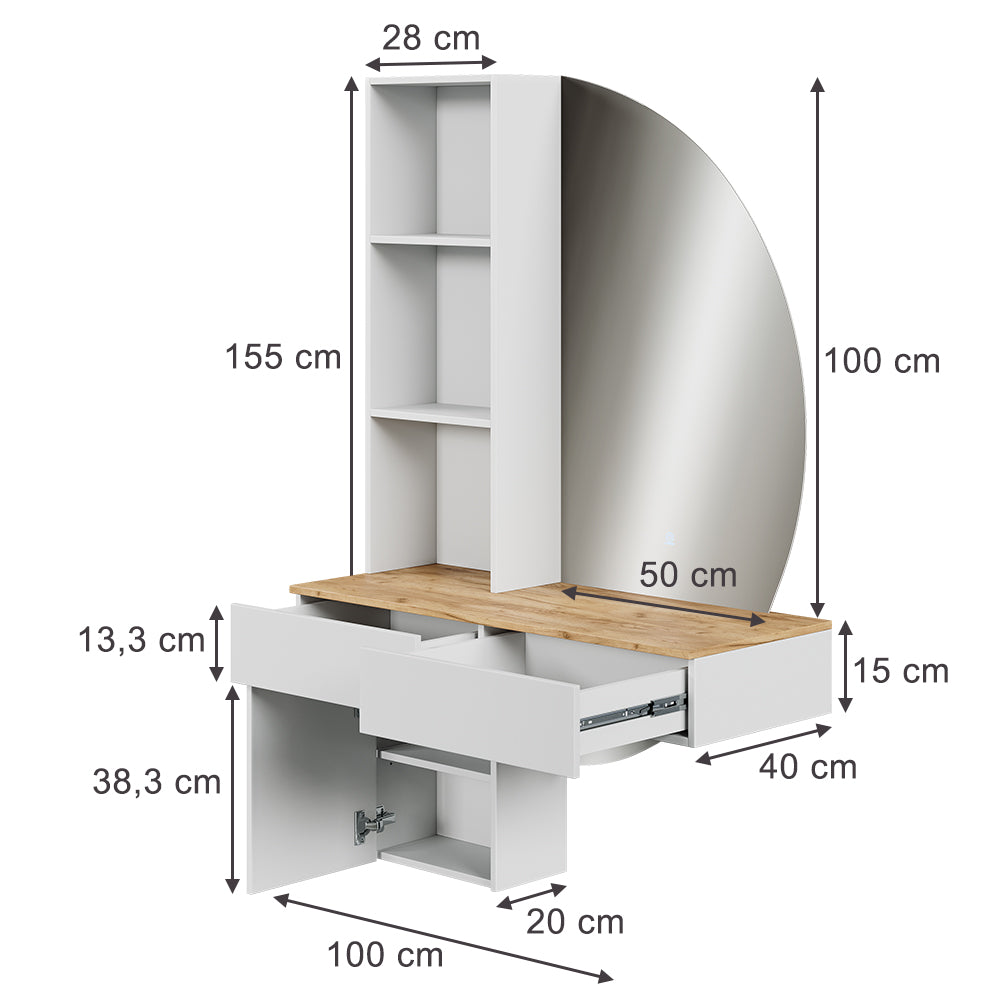 Vicco Tavolo da toeletta Bianco/quercia 100 cm con specchio a LED