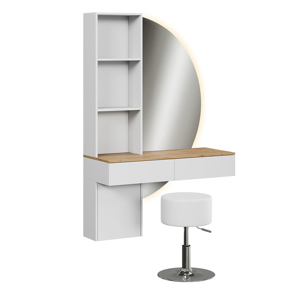 Vicco Tavolo da toeletta Bianco/quercia 100 cm con specchio LED e sgabello