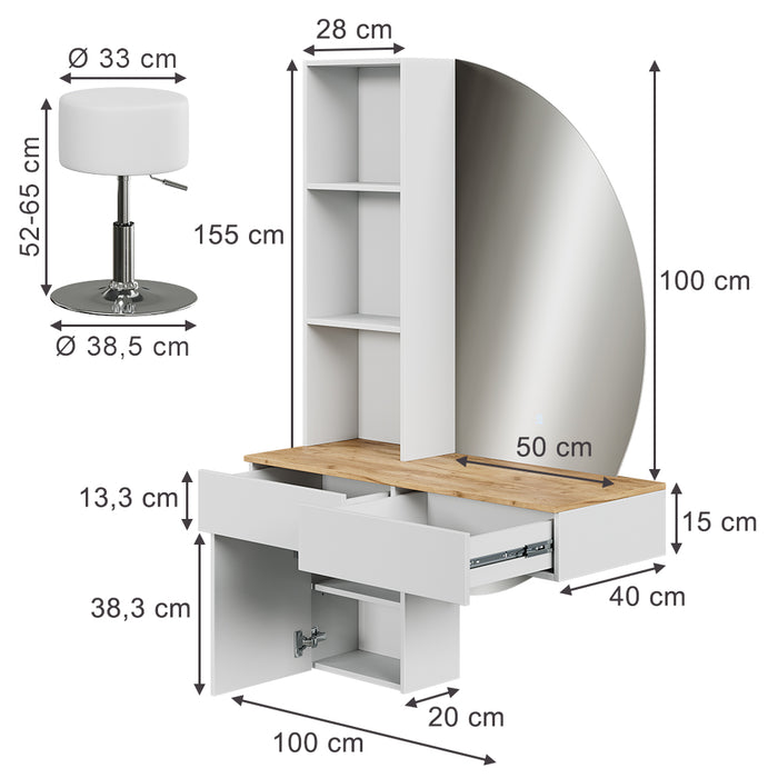 Vicco Tavolo da toeletta Bianco/quercia 100 cm con specchio LED e sgabello