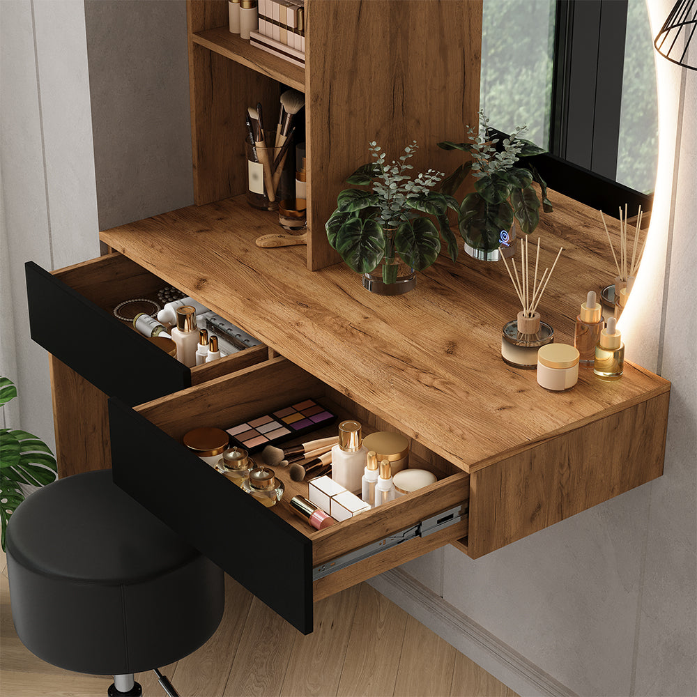 Vicco Tavolo da toeletta Quercia/nero 100 cm con specchio LED e sgabello