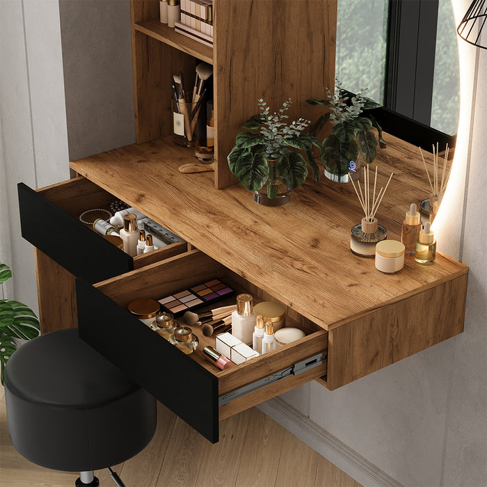 Vicco Tavolo da toeletta Quercia/nero 100 cm con specchio LED e sgabello