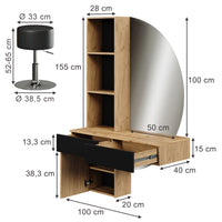 Vicco Tavolo da toeletta Quercia/nero 100 cm con specchio LED e sgabello