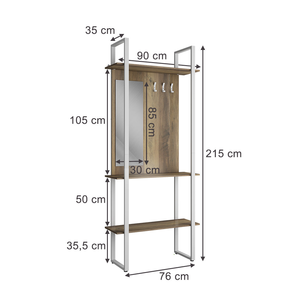 Vicco Armadio da ingresso Rovere rustico 90 x 215 cm con gancio e specchio