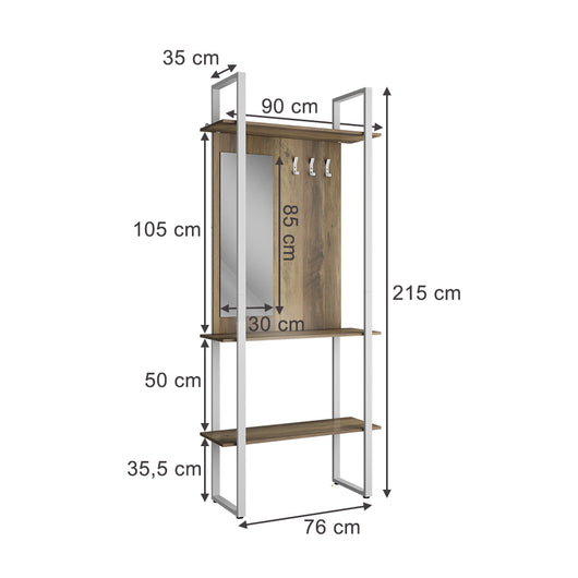 Vicco Armadio da ingresso Rovere rustico 90 x 215 cm con gancio e specchio