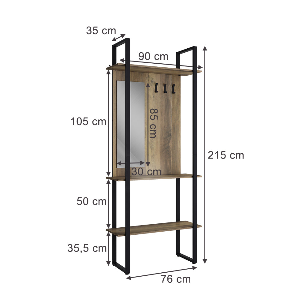 Vicco Armadio da ingresso Rovere rustico/antracite 90 x 215 cm con gancio e specchio