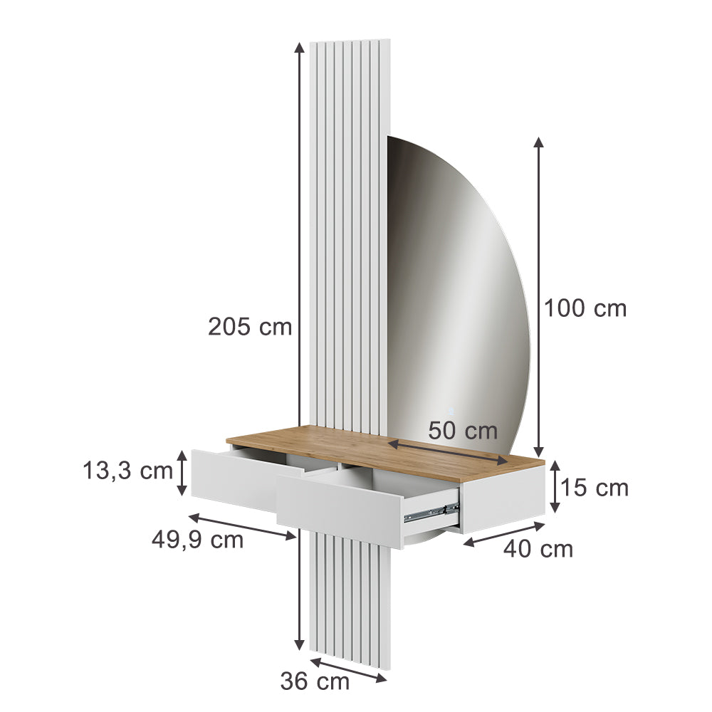 Vicco Tavolo da toeletta Bianco/quercia 100 cm con specchio a LED