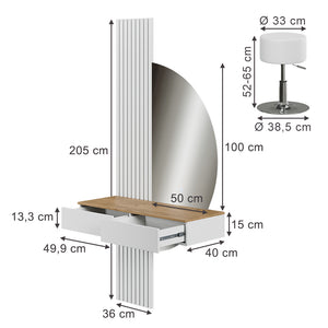 Vicco Tavolo da toeletta Bianco/quercia 100 cm con specchio LED e sgabello
