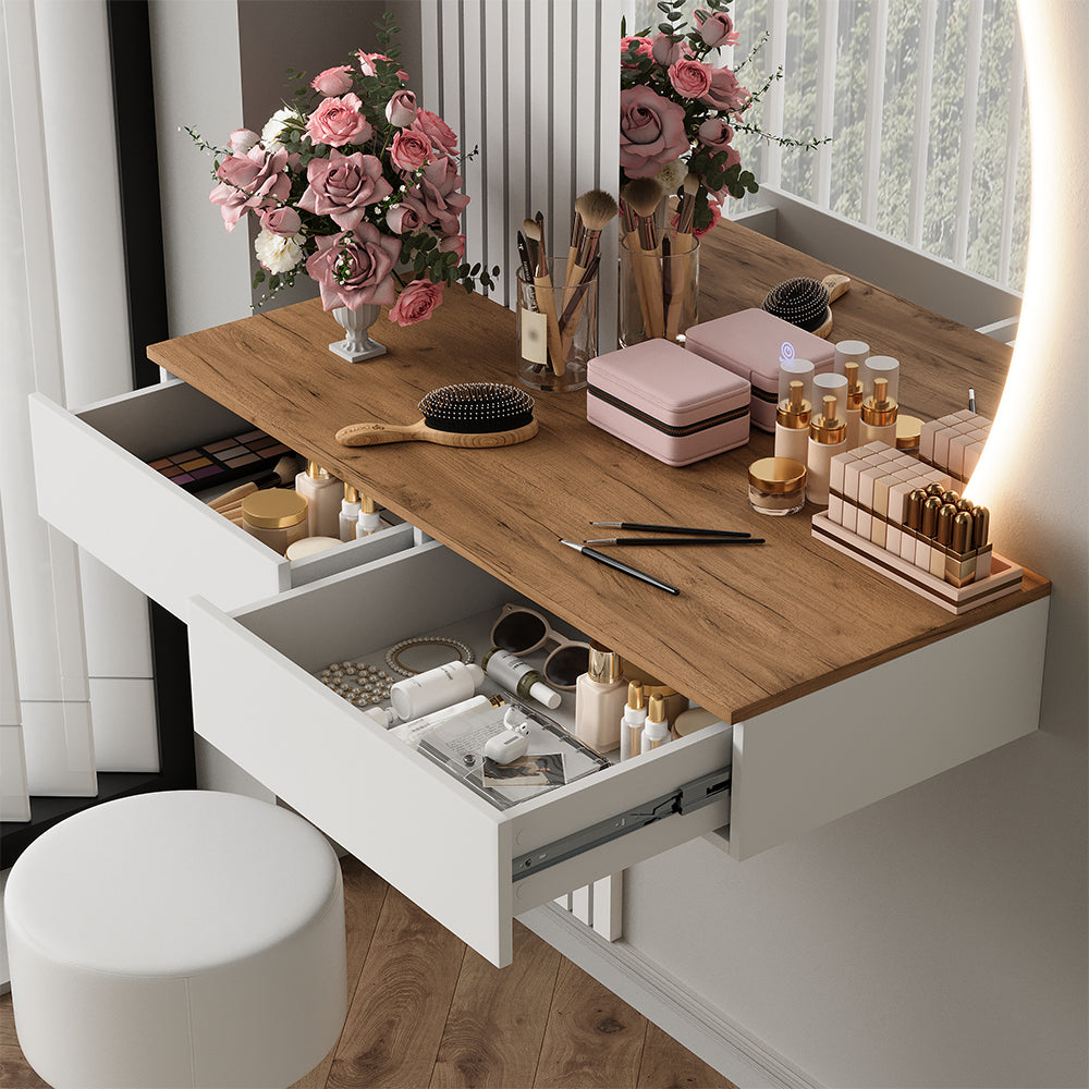 Vicco Tavolo da toeletta Bianco/quercia 100 cm con specchio LED e sgabello