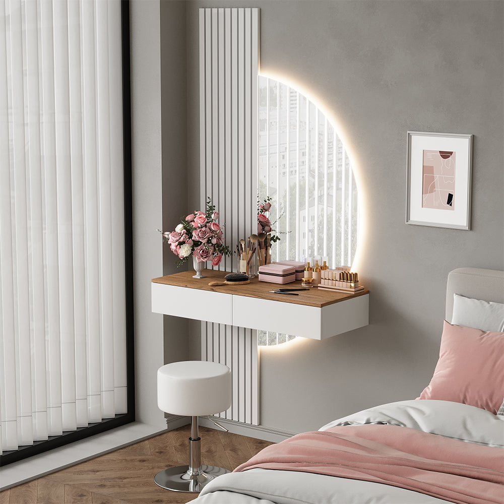 Vicco Tavolo da toeletta Bianco/quercia 100 cm con specchio LED e sgabello