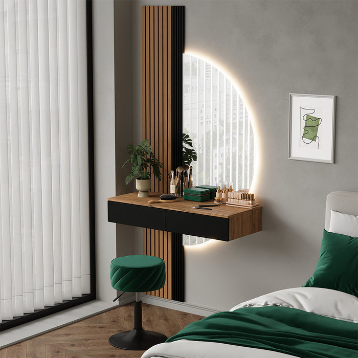 Vicco Tavolo da toeletta Quercia/nero 100 cm con specchio a LED