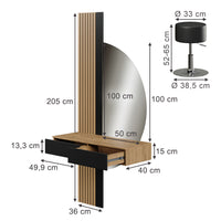 Vicco Tavolo da toeletta Quercia/nero 100 cm con specchio LED e sgabello