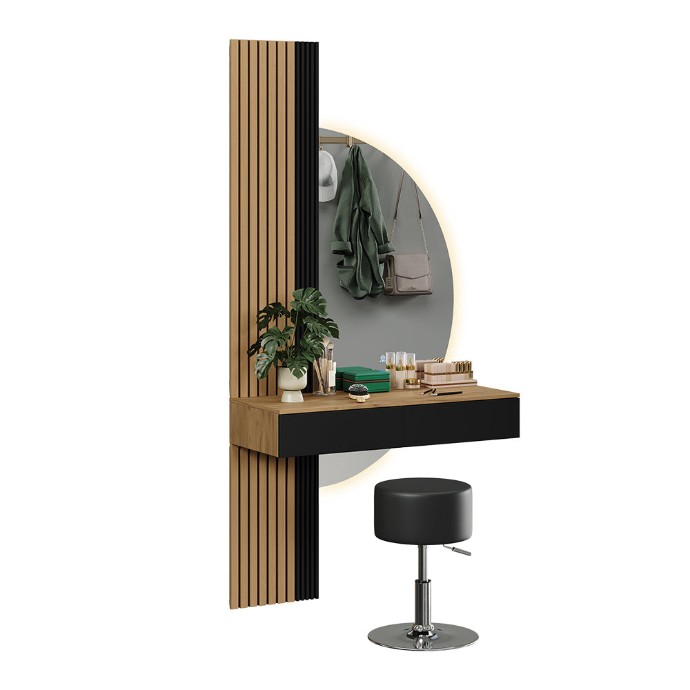 Vicco Tavolo da toeletta Quercia/nero 100 cm con specchio LED e sgabello