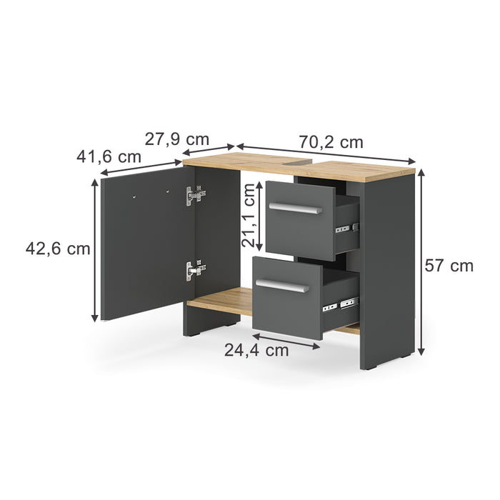 Vicco Mobile sottolavabo per bagno Antracite 70.2 x 57 cm con 2 cassetti e 1 anta