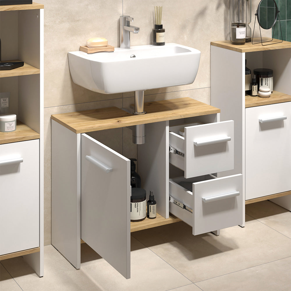 Vicco Mobile sottolavabo per bagno Rovere bianco/dorato 70.2 x 57 cm con 2 cassetti e 1 anta
