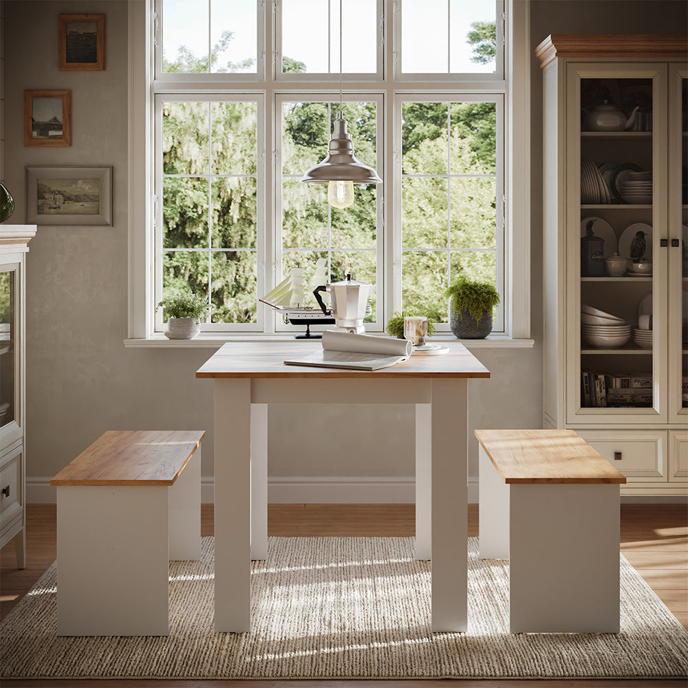 Vicco Set di tavoli da pranzo Rovere bianco/dorato 80 x 80 cm con 2 panche