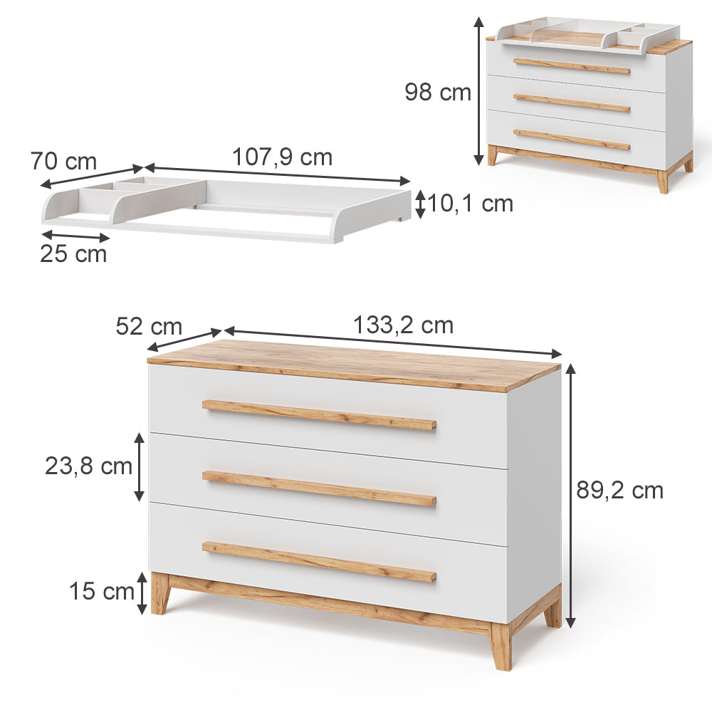 Vitalispa Fasciatoio Bianco/Artisan 133.2 x 98 cm con 3 cassetti