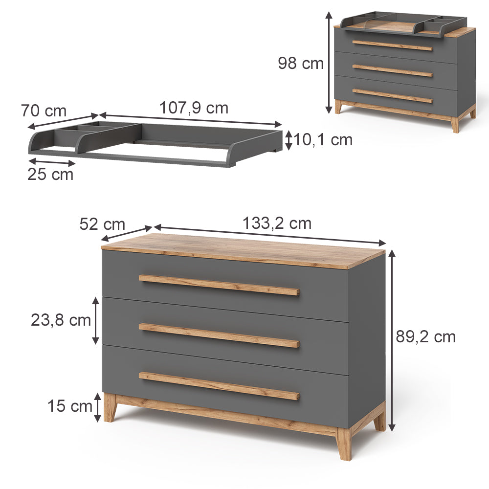 Vitalispa Fasciatoio Grigio/Artisan 133.2 x 98 cm con 3 cassetti