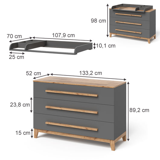 Vitalispa Fasciatoio Grigio/Artisan 133.2 x 98 cm con 3 cassetti