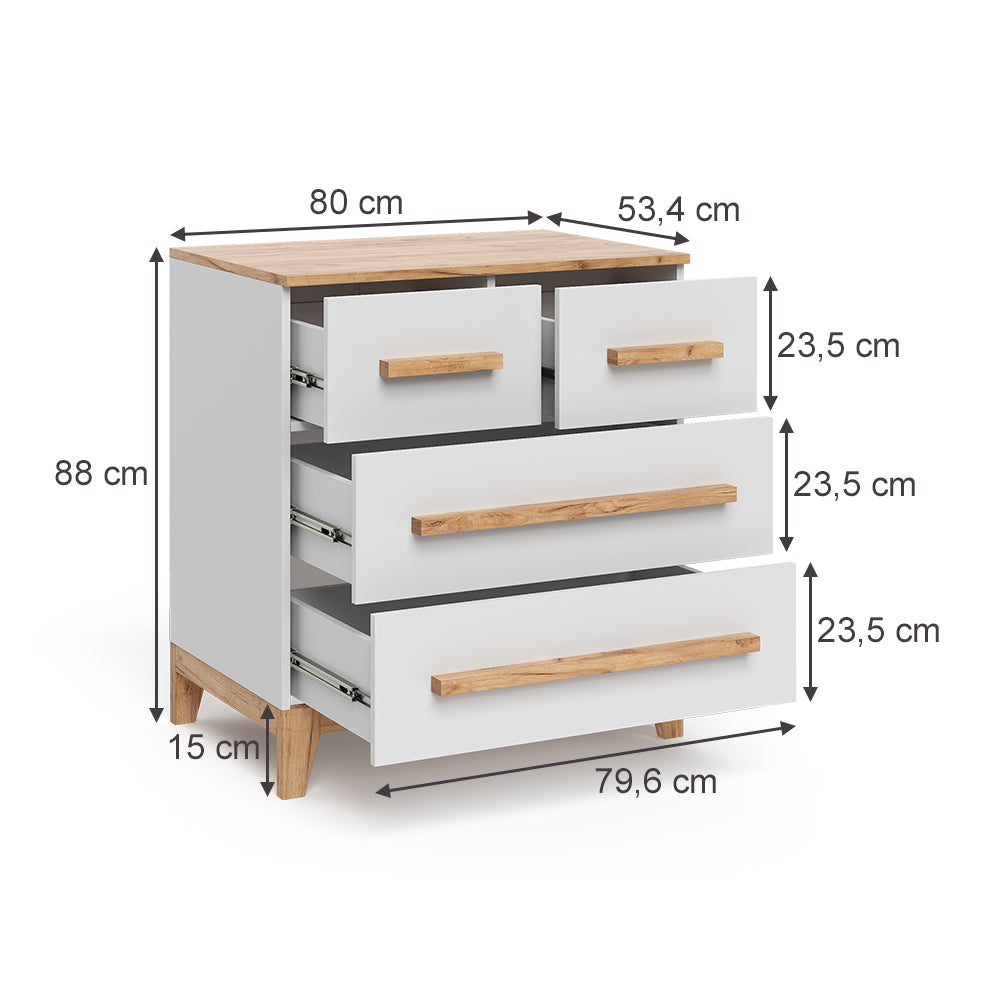 Vitalispa Cassettiera per camera da letto Bianco/Artisan 80 x 88 cm con 4 cassetti