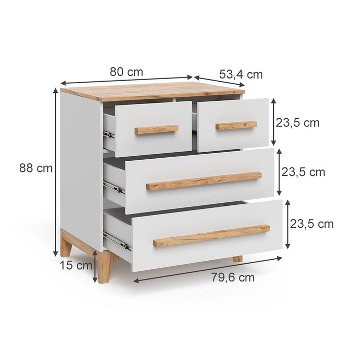 Vitalispa Cassettiera per camera da letto Bianco/Artisan 80 x 88 cm con 4 cassetti