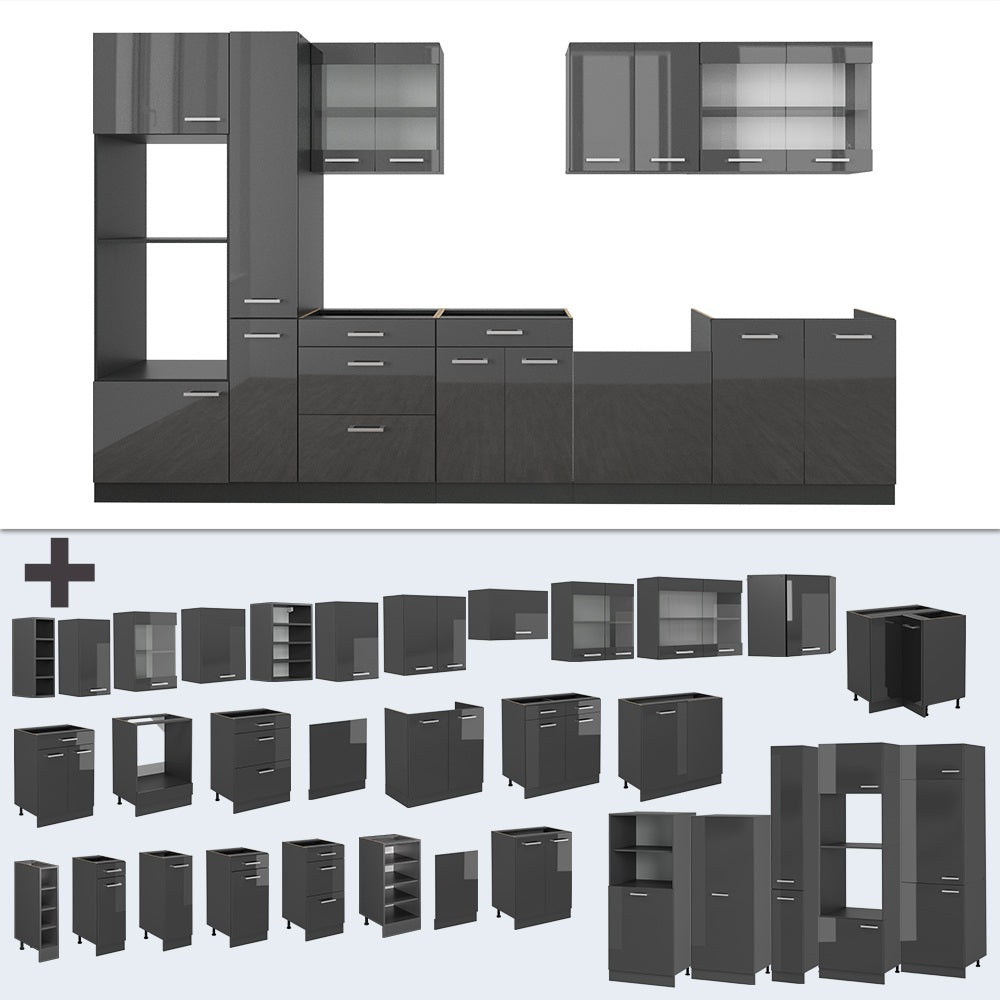 Vicco Cucina completa  Antracite lucido/antracite 350 cm , PL Rovere