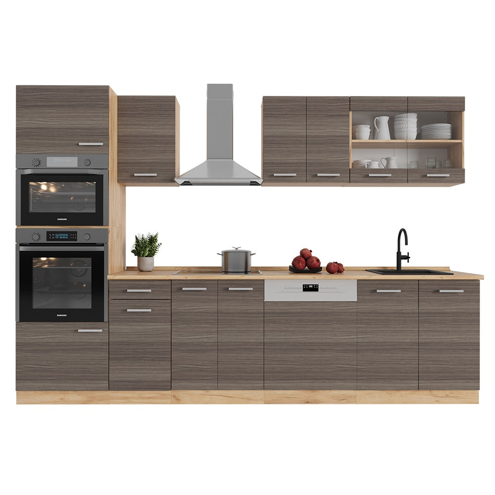 Vicco Cucina componibile Grigio nobile/rovere dorato 300 cm con armadio alto, PL Marmo