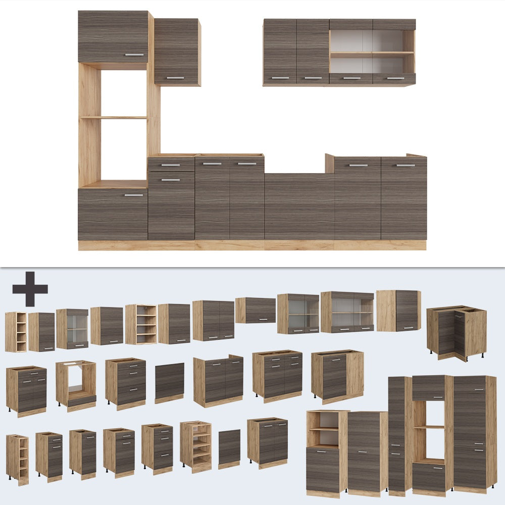 Vicco Cucina componibile Grigio nobile/rovere dorato 300 cm con armadio alto, PL Marmo